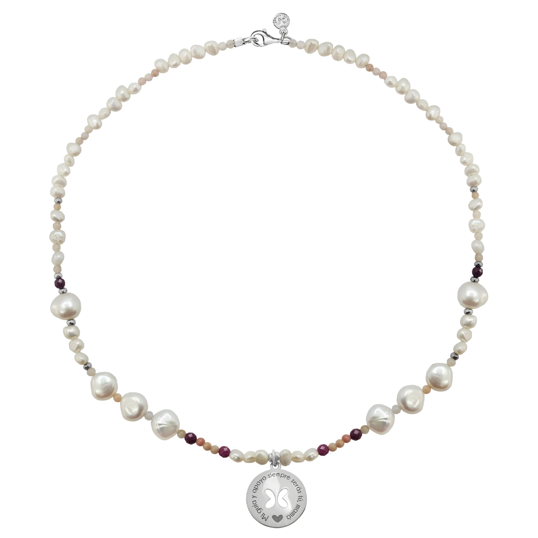 Collar Mujer Plata 925 Mamá Circulo Mariposa Perlas Rubi