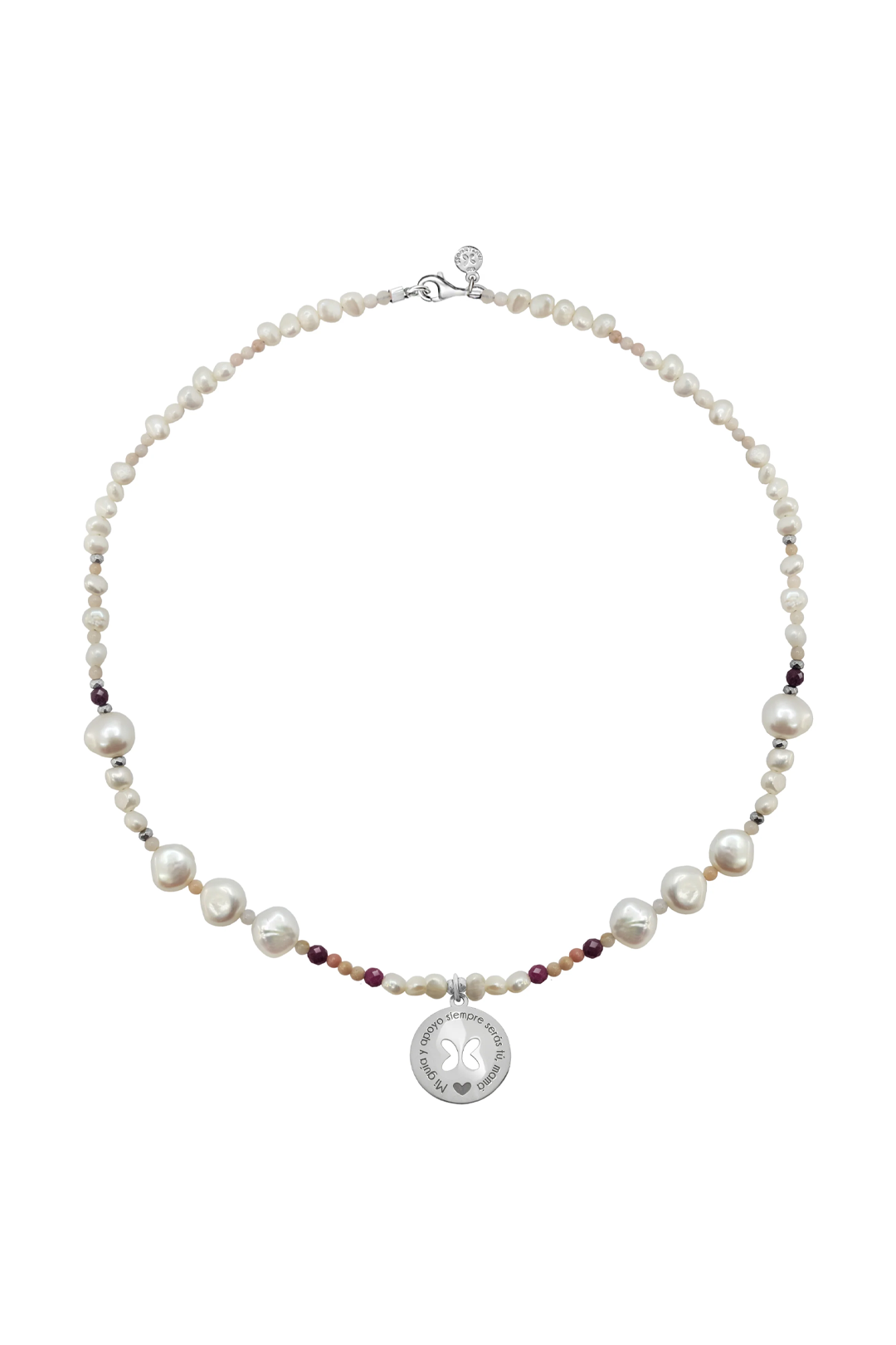 Collar Mujer Plata 925 Mamá Circulo Mariposa Perlas Rubi
