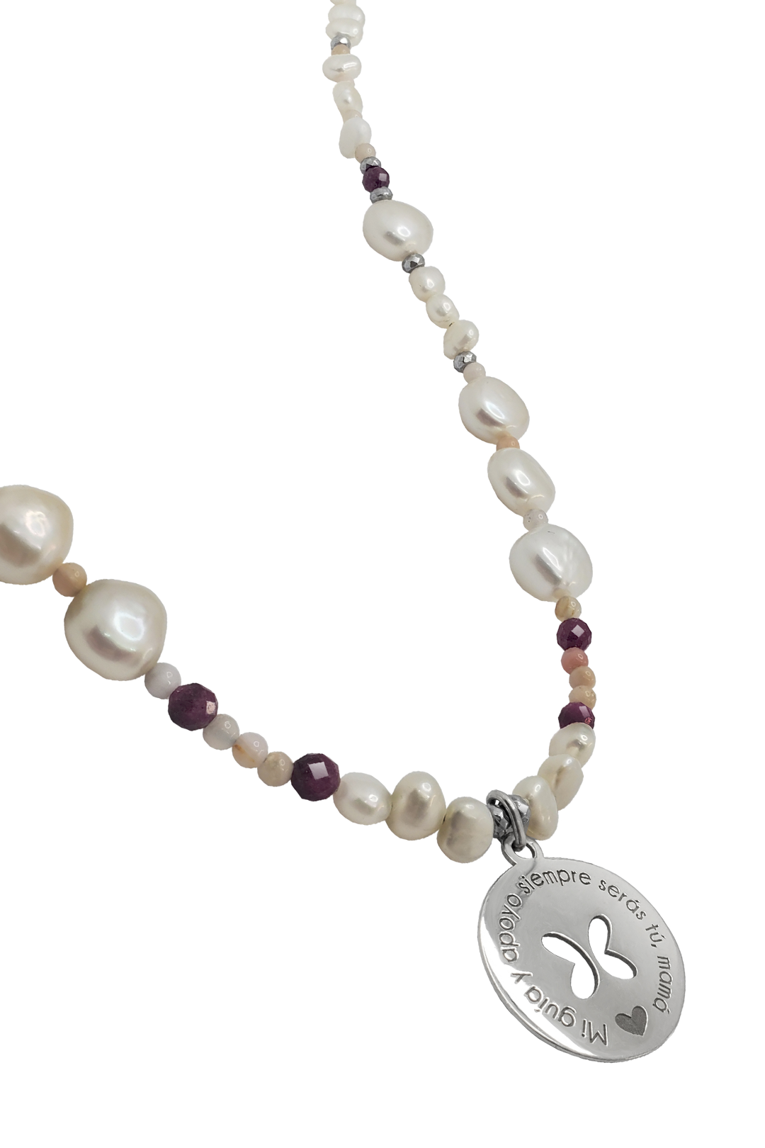 Collar Mujer Plata 925 Mamá Circulo Mariposa Perlas Rubi