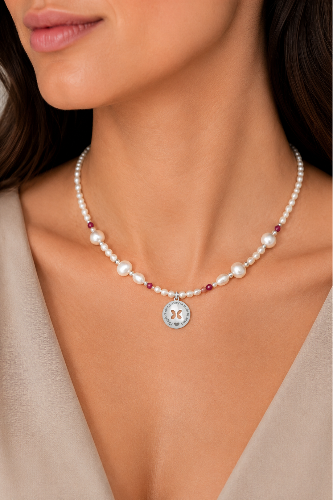Collar Mujer Plata 925 Mamá Circulo Mariposa Perlas Rubi