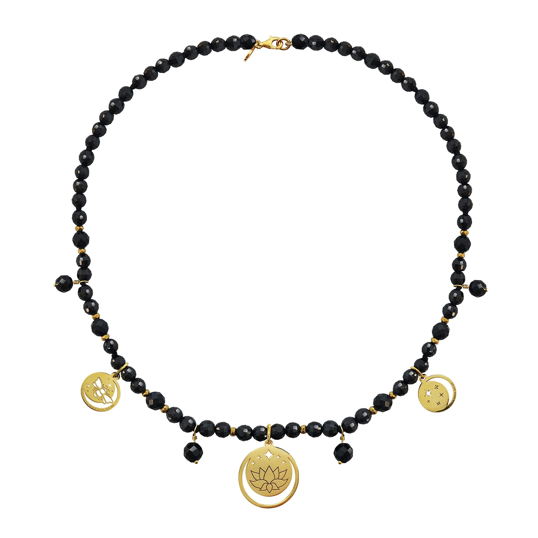 Collar Mujer Plata 925 Magia 3 Charms Lunas Agata Negra Dorado
