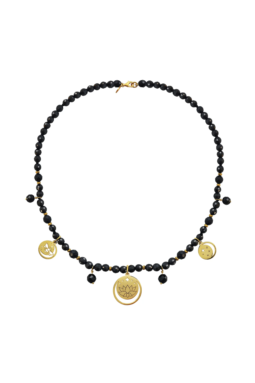 Collar Mujer Plata 925 Magia 3 Charms Lunas Agata Negra Dorado