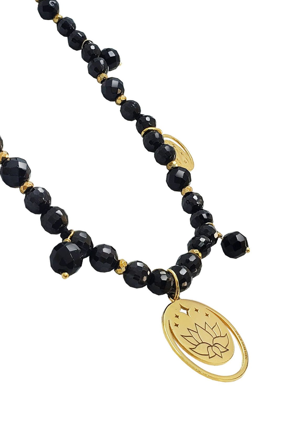Collar Mujer Plata 925 Magia 3 Charms Lunas Agata Negra Dorado