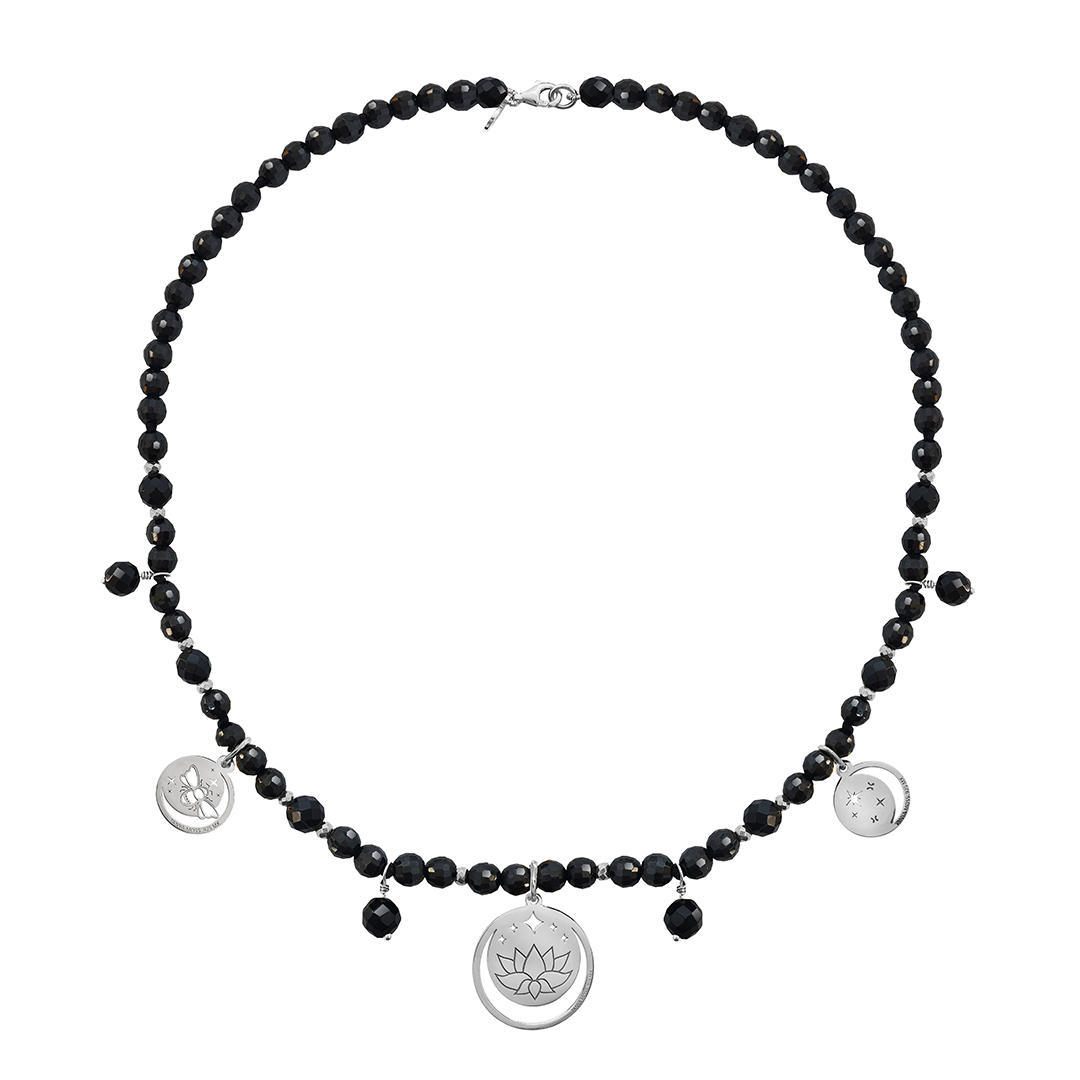 Collar Mujer Plata 925 Magia 3 Charms Lunas Agata Negra - Tanya Moss