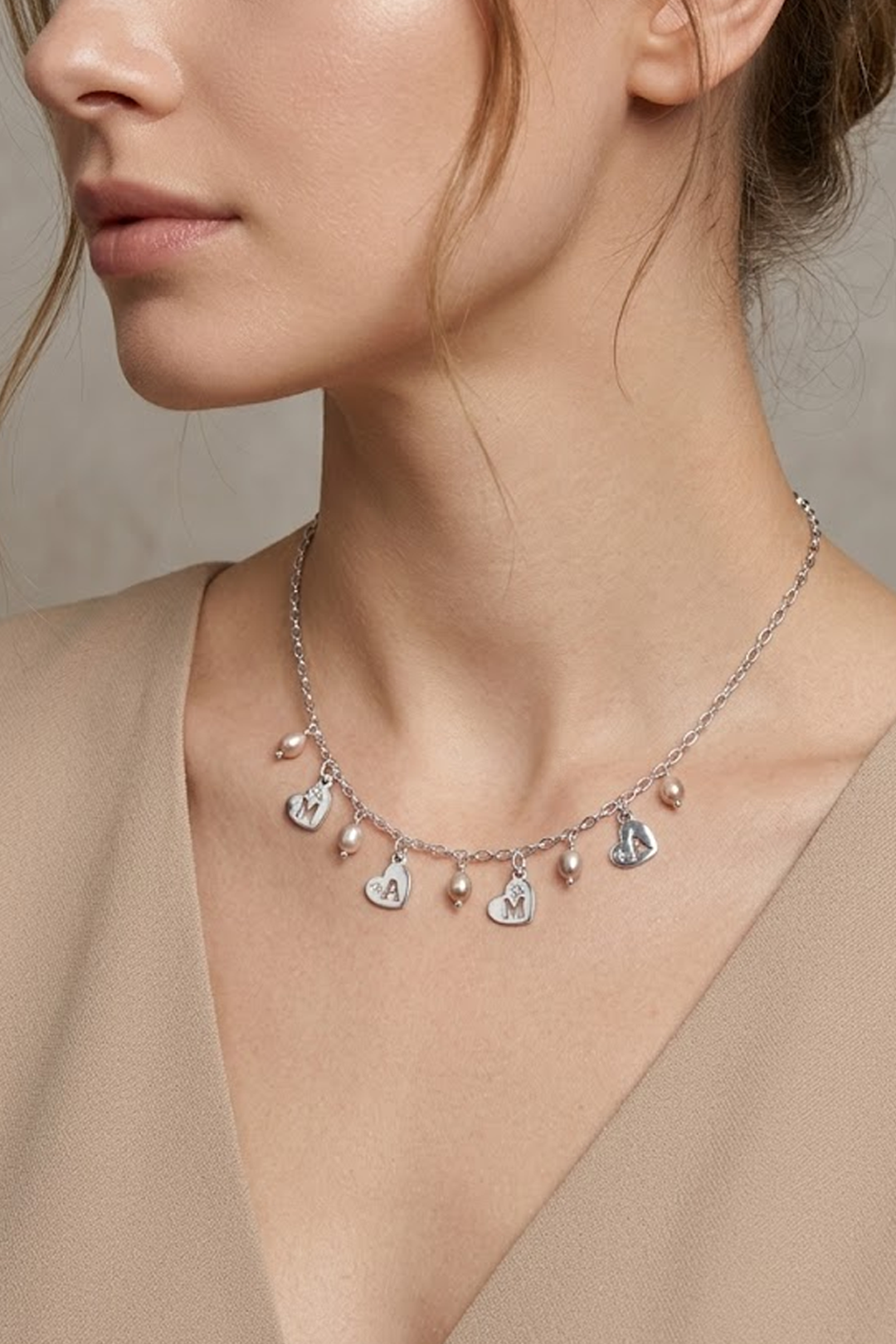 Collar Plata 925 Mamá con Perlas Rosas