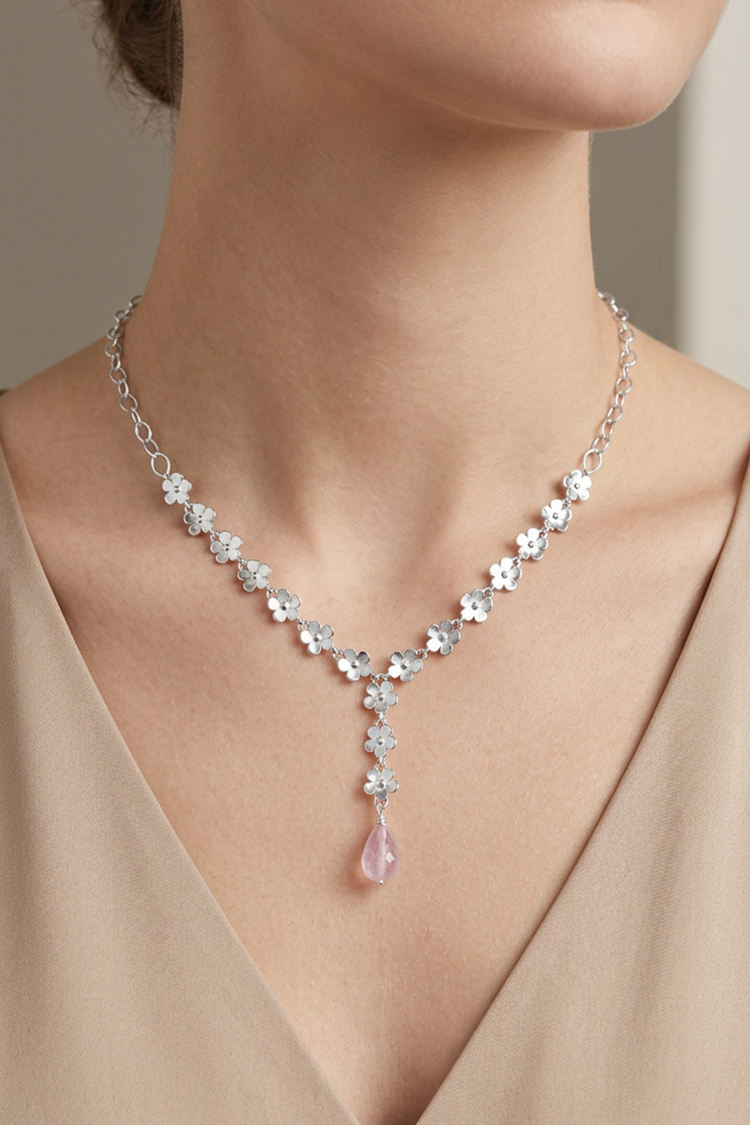 Collar Lariat Plata 925 Linda con Flores y Amatista - Tanya Moss