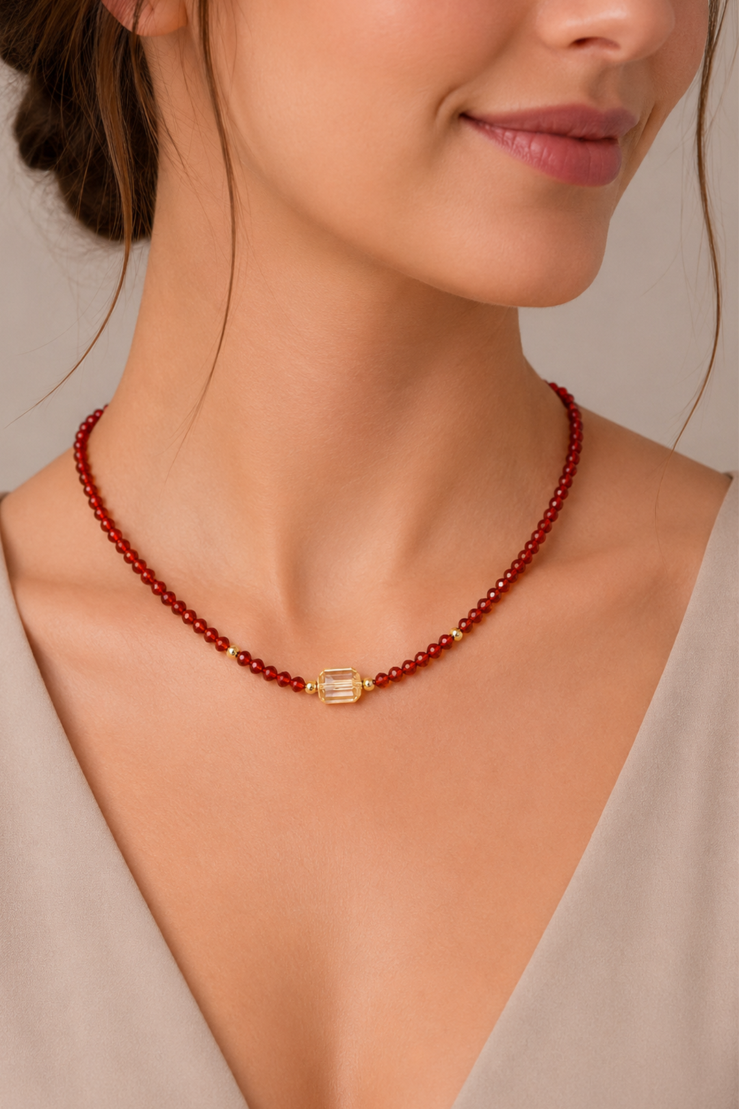 Collar Granate Naranja Y Cuarzo Limón