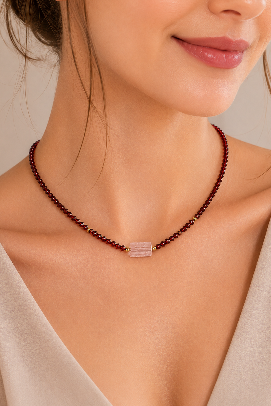 Collar Granate Y Cuarzo Rosa