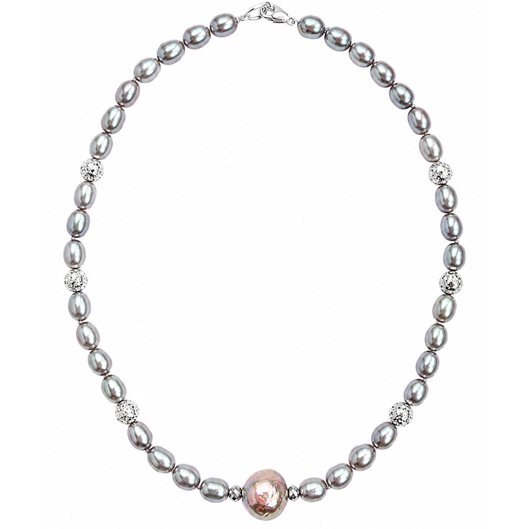 Collar Perla Gris Rosa Con Lava Plata