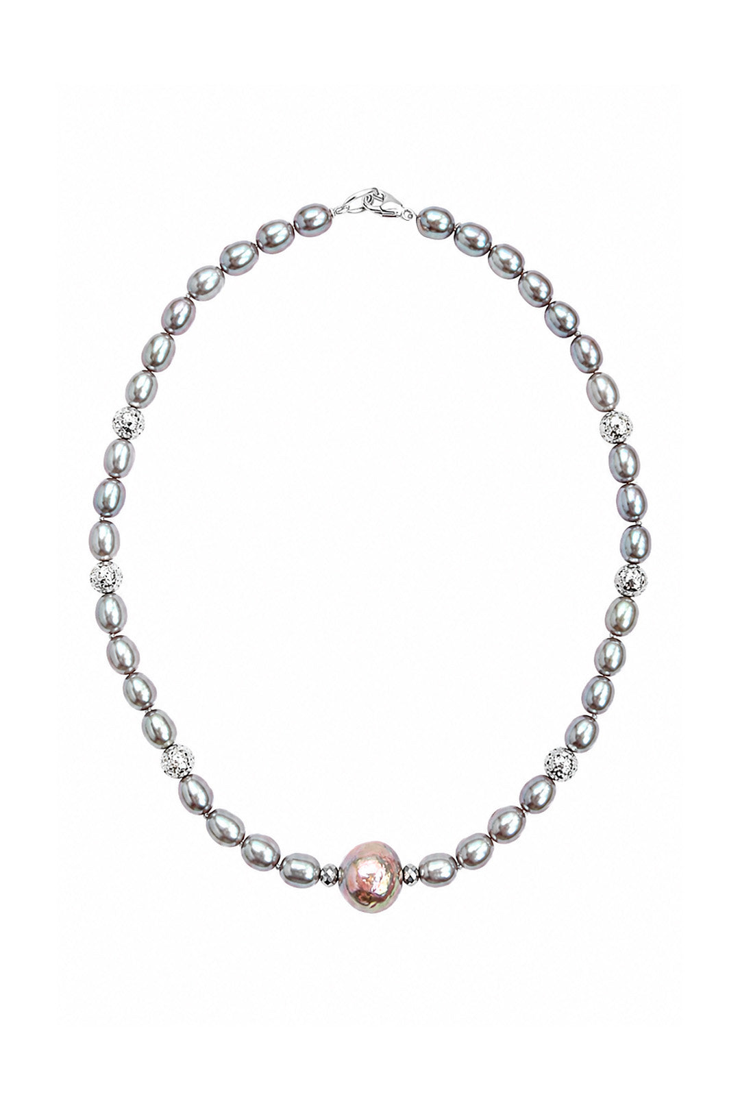Collar Perla Gris Rosa Con Lava Plata
