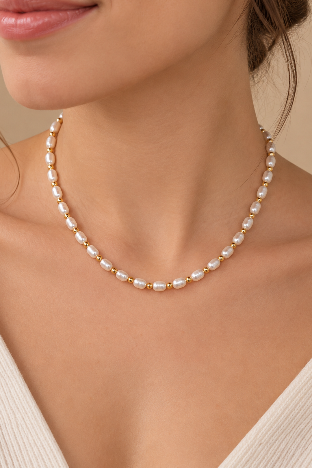 Collar Perlas Rosa y Blanca con Hematita Dorada