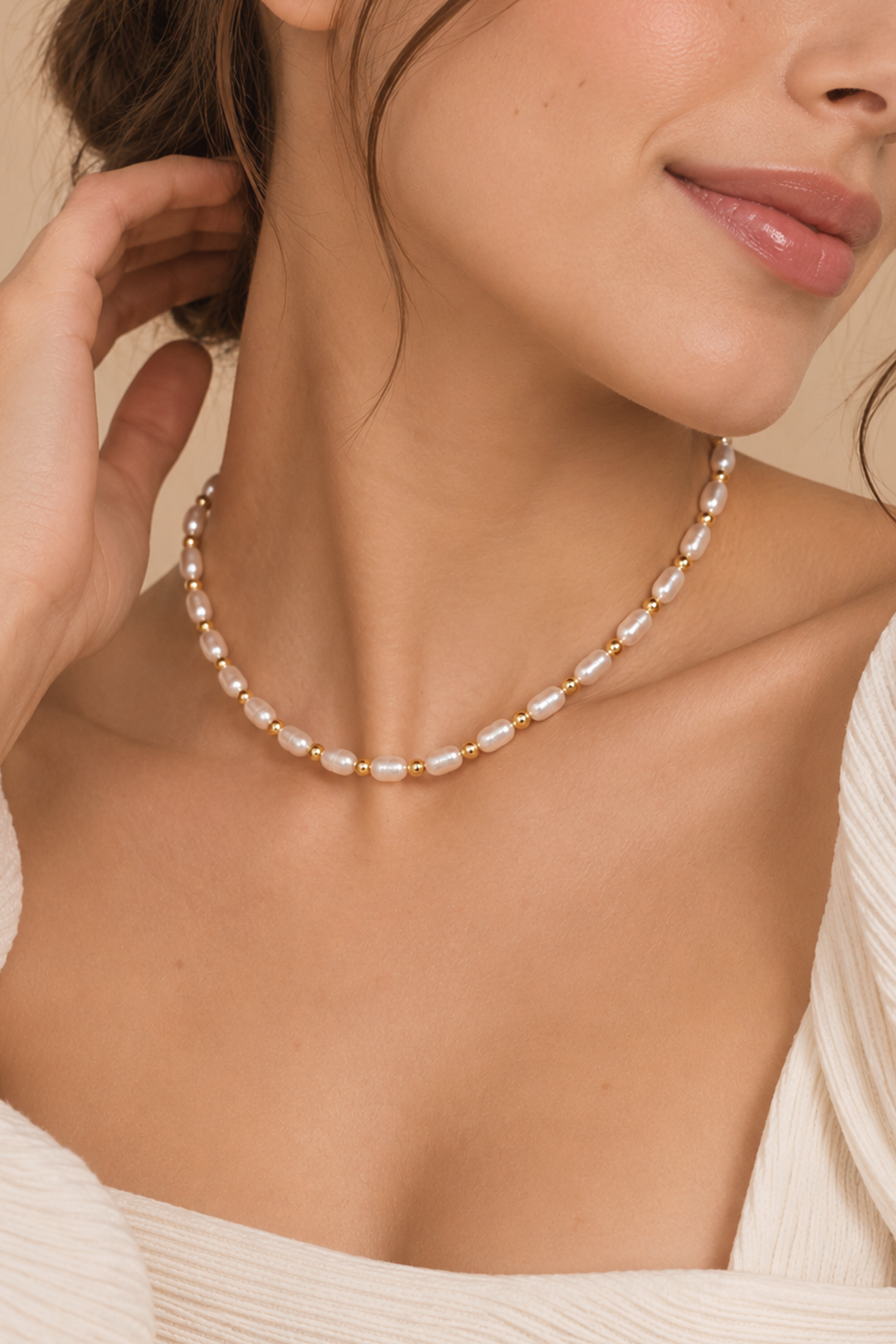 Collar Perlas Rosa y Blanca con Hematita Dorada