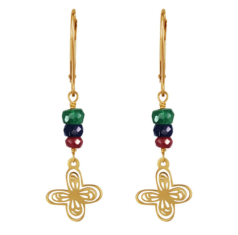 Aretes Mujer Oro 14K Oro Aurora Mariposa Piedras Esmeralda / Zafiro / Rubi