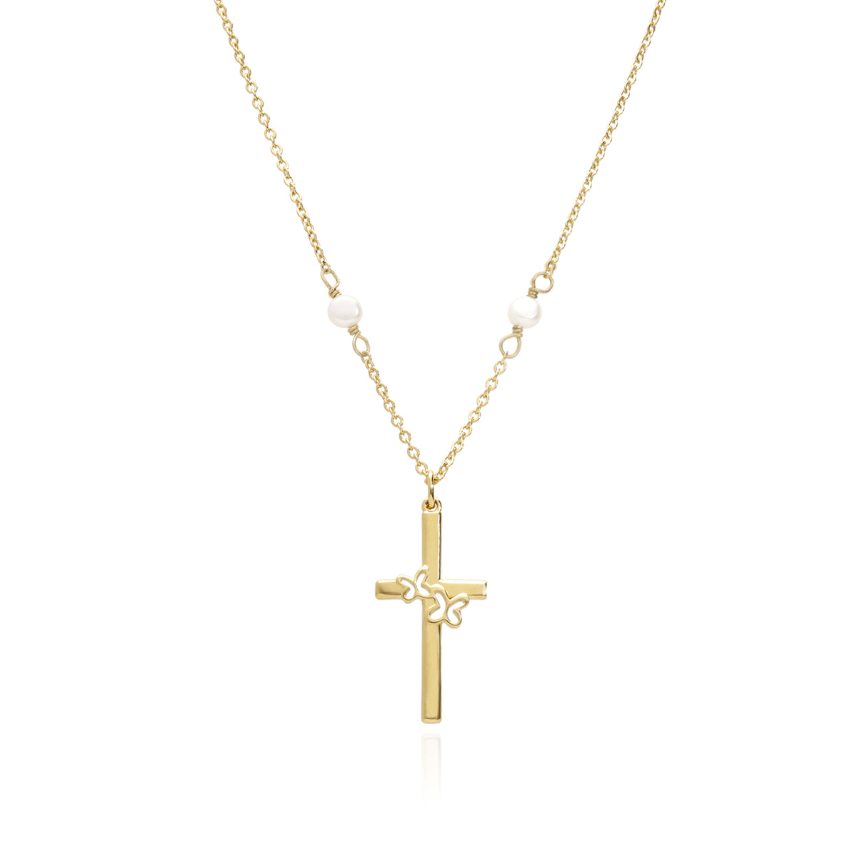 Dije Cruz Delgada Con Mariposas Y Cadena Con Perla