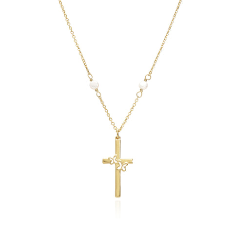 Dije Cruz Delgada Con Mariposas Y Cadena Con Perla