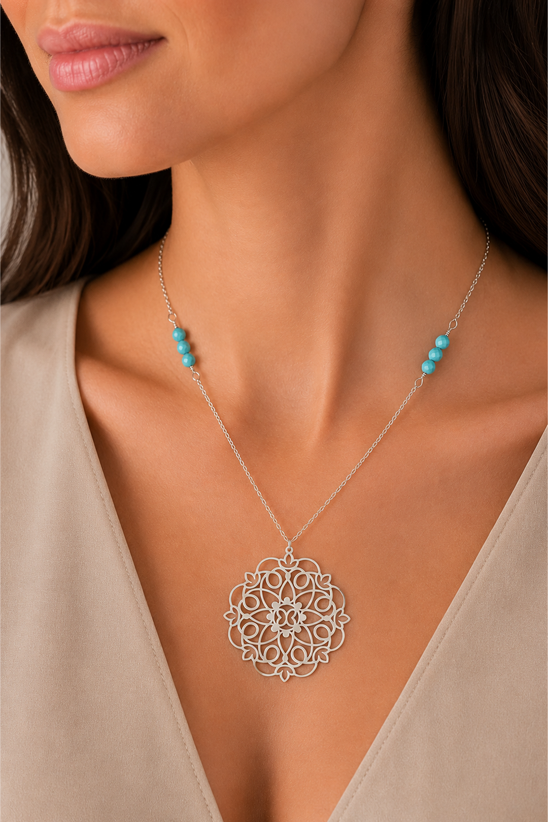 Dije Plata 925 Mandala Grande Con Piedra Turquesa