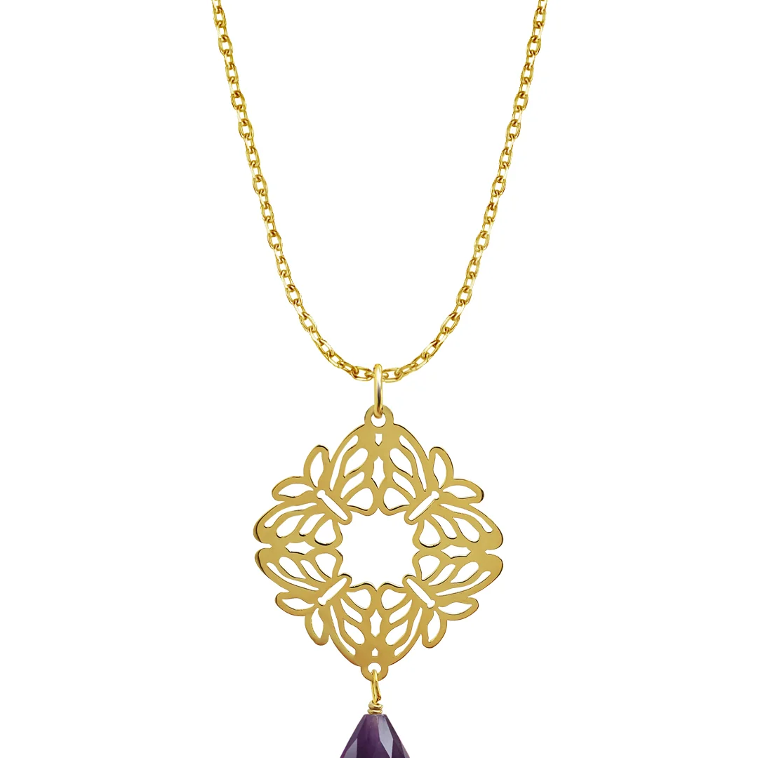 Dije Mujer Plata 925 Encanto 4 Mariposas Amatista Baño de Oro