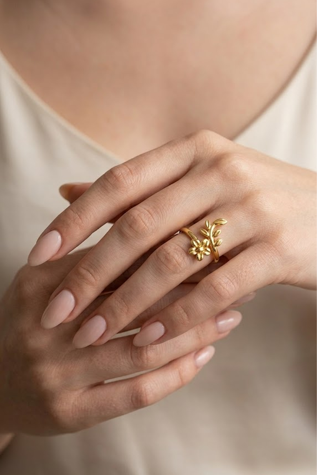 Anillo Plata 925 Mensaje Amor Cruzado Flor Hojas Dorado