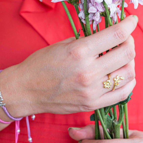 Anillo Mujer Plata 925 Mensaje Amor Cruzado Flor Hojas Dorado