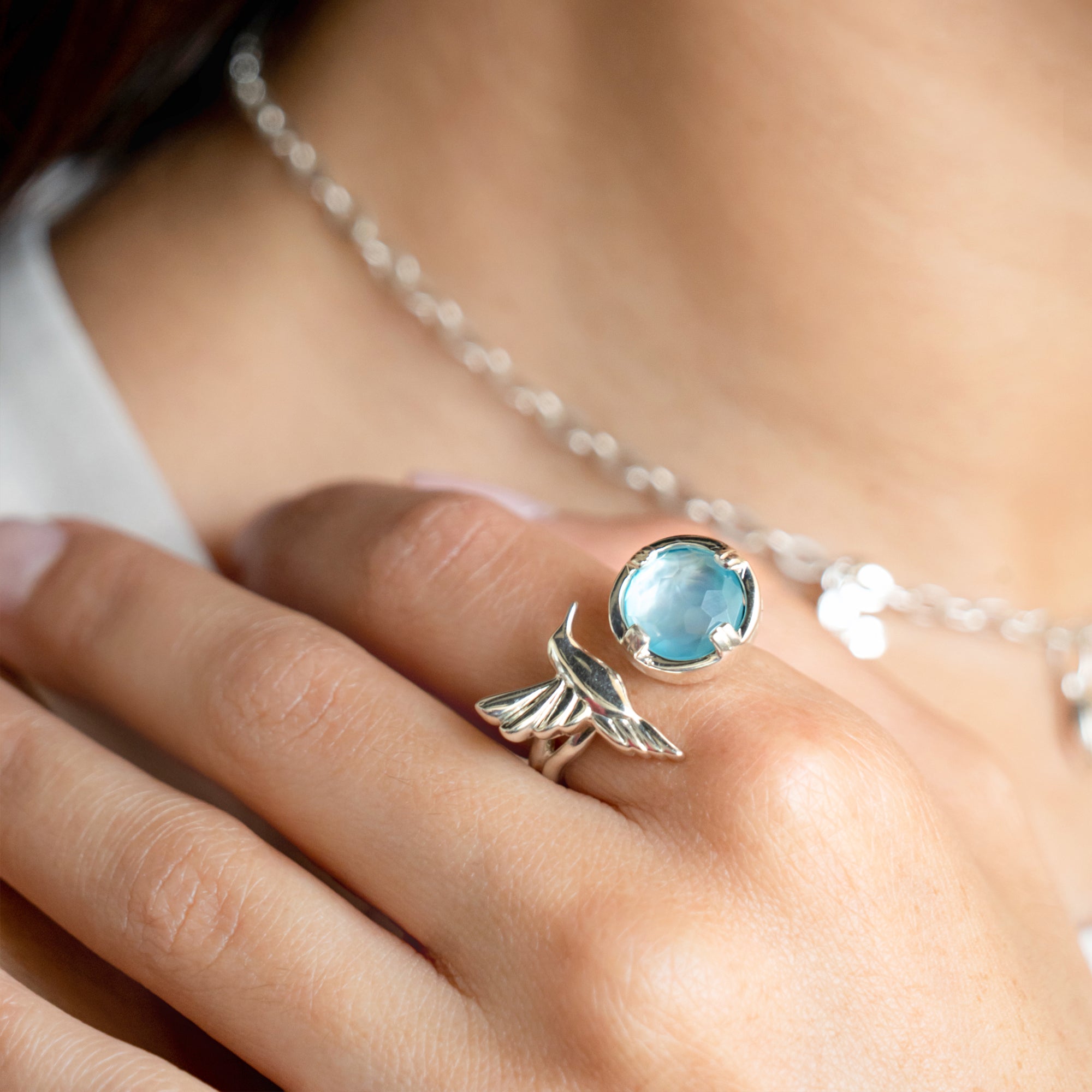 Anillo Plata 925 Mensaje de Amor Colibrí Con Madreperla Verde - Tanya Moss