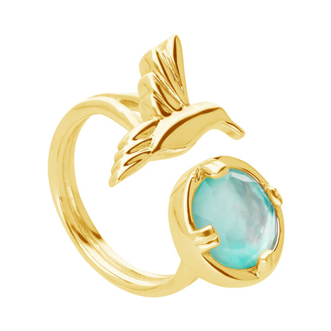 Anillo Mensaje Amor Colibri Madreperla Verde Dorado