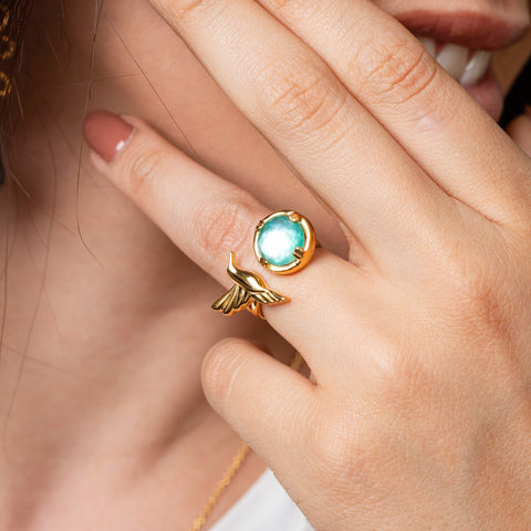 Anillo Mujer Plata 925 Mensaje Amor Chico Colibri Madreperla Verde Dorado