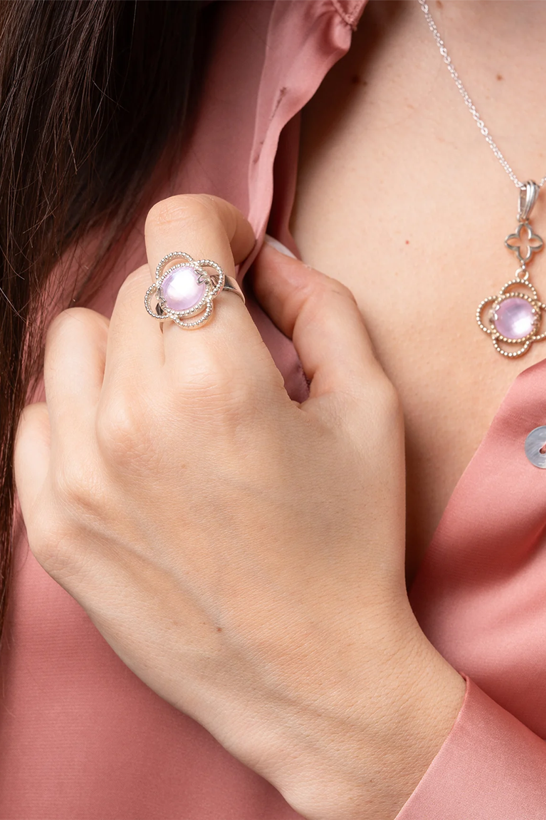 Anillo Plata 925 Rosé Mariposa Madreperla Cuarzo
