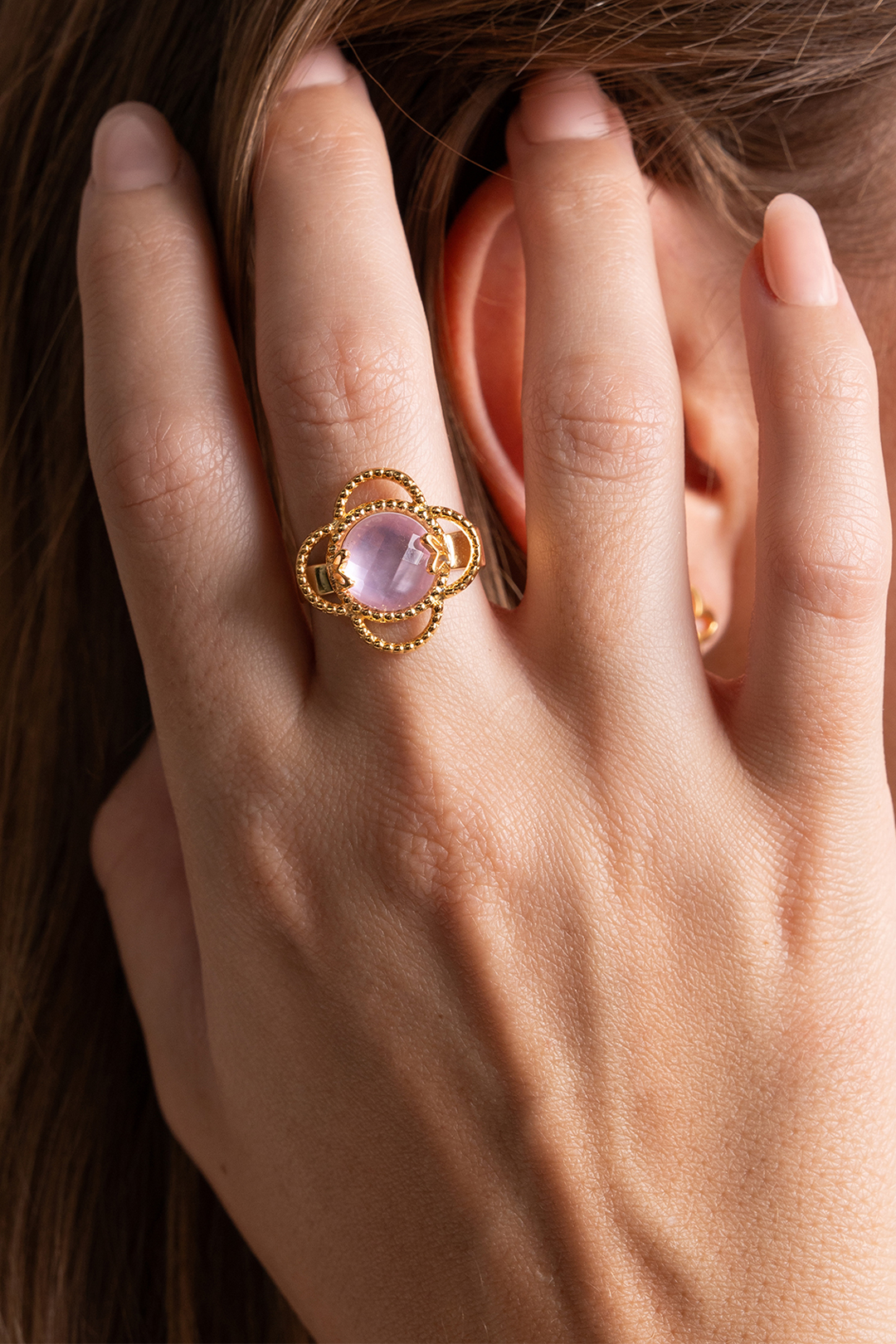 Anillo Plata 925 Rosé Mariposa Madreperla con Cuarzo Dorado
