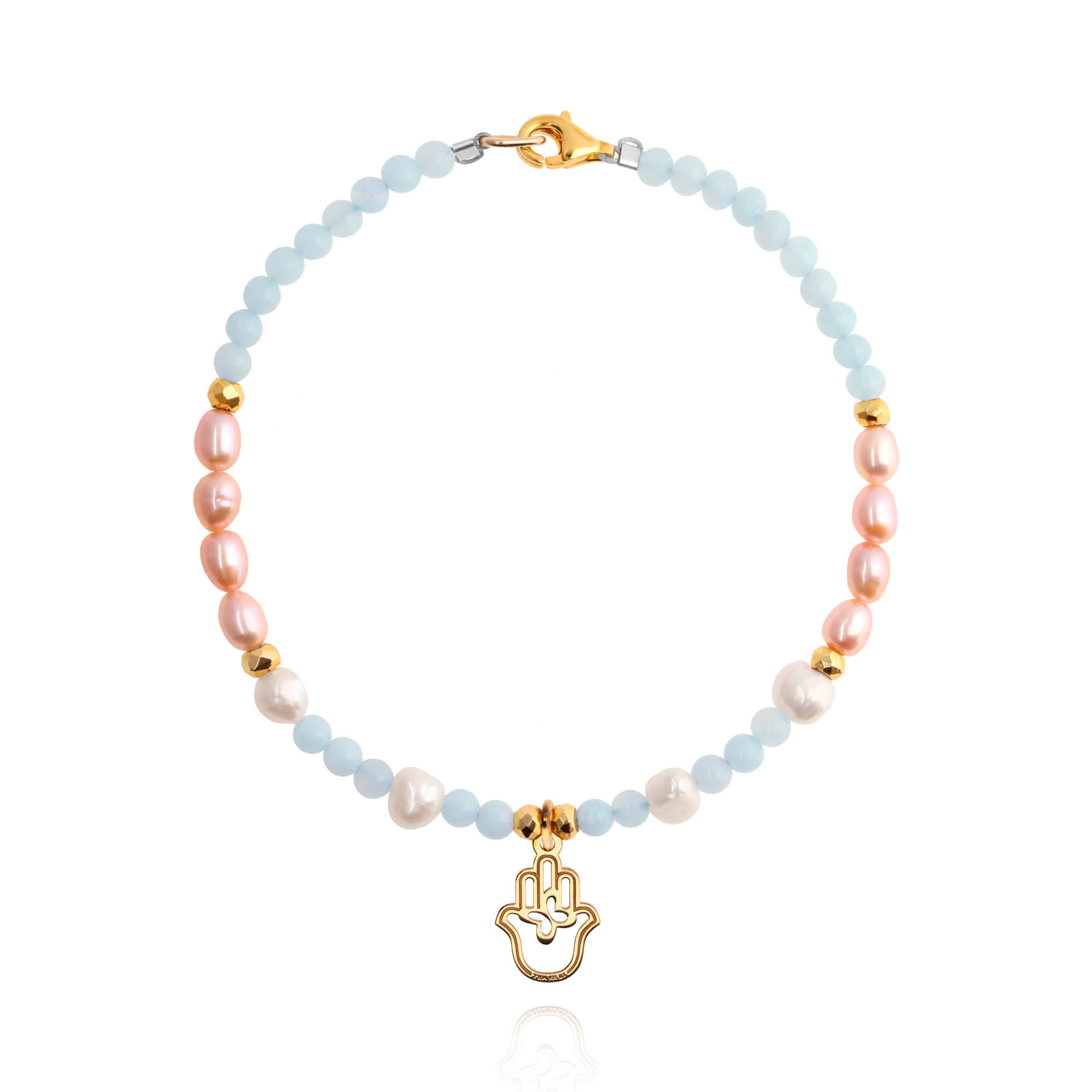 Pulsera Mano Dorada / Amazonita, perla rosa y perla blanca - Tanya Moss