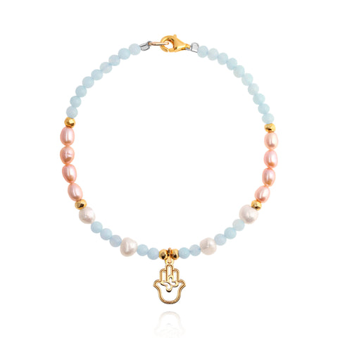 Pulsera Mano Dorada / Amazonita, perla rosa y perla blanca - Tanya Moss