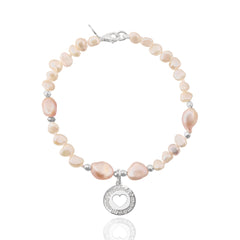 Pulsera perla blanca y rosa charm circulo corazón plata