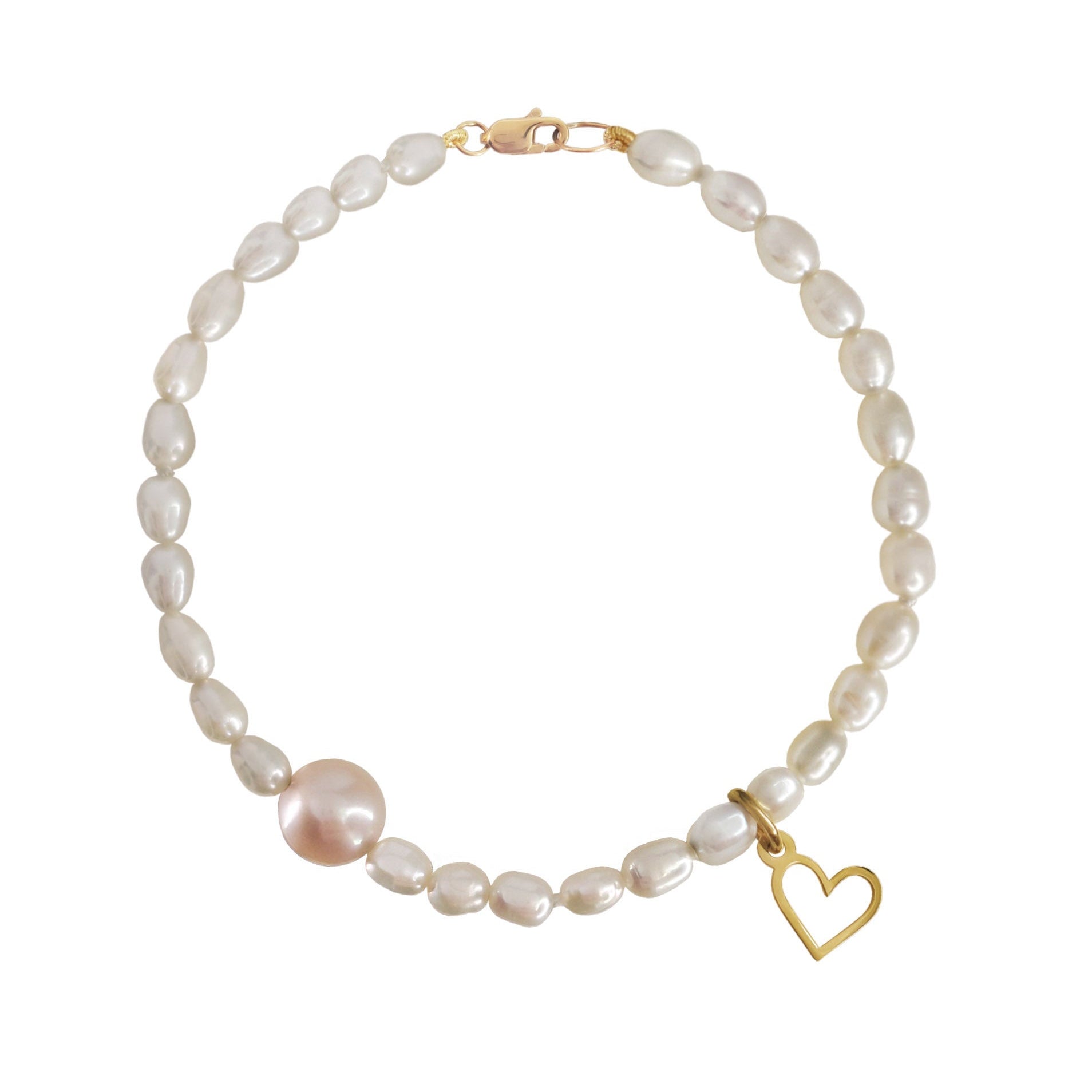 Pulsera Mujer Oro 14K Oro Finito Corazon Perla Blanca / Rosa - Tanya Moss