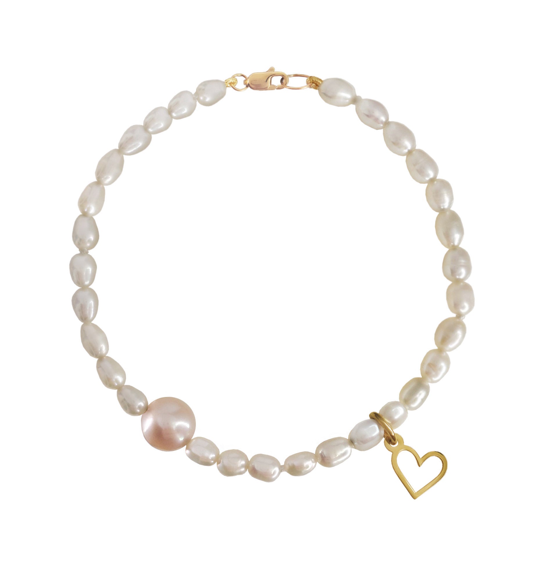 Pulsera Mujer Oro 14K Oro Finito Corazon Perla Blanca / Rosa - Tanya Moss