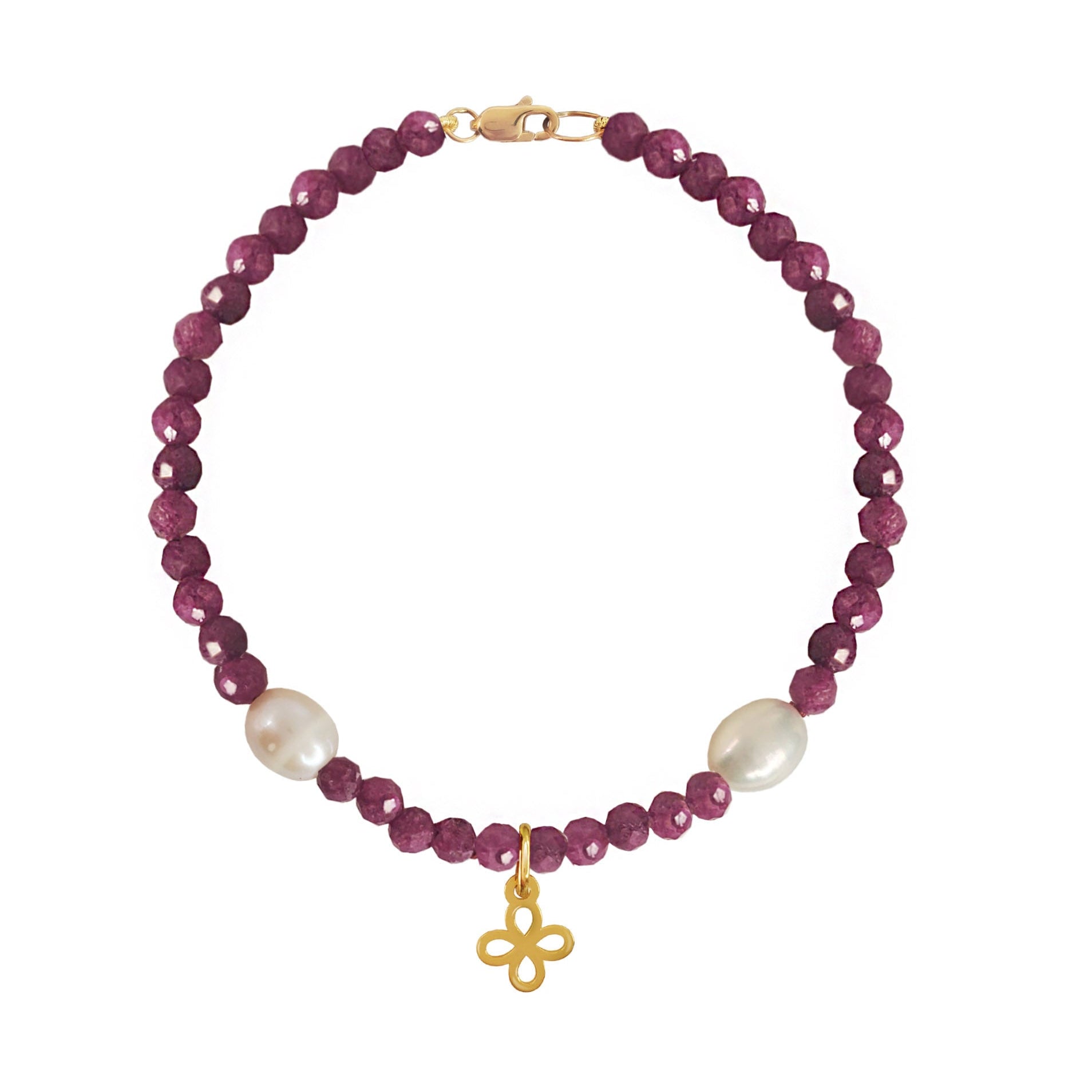 Pulsera Mujer Oro 14K Oro Finito Trebol Rubi / Perla - Tanya Moss