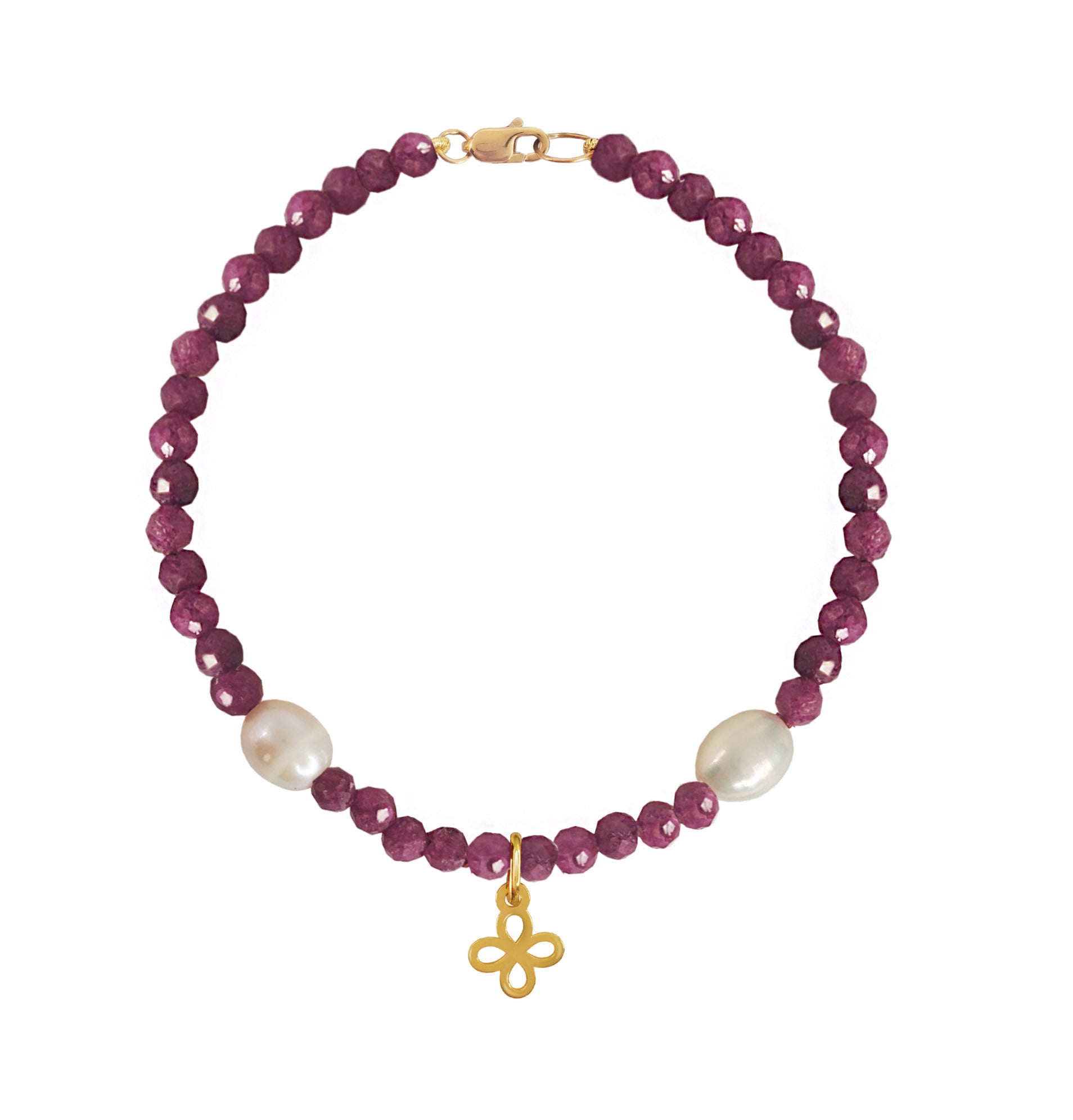 Pulsera Mujer Oro 14K Oro Finito Trebol Rubi / Perla - Tanya Moss