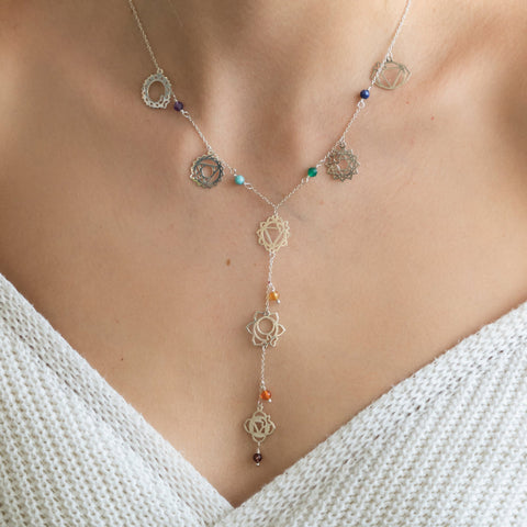 Collar Lariat Mujer Plata 925 Chakras 7 Charms / 7 Piedras