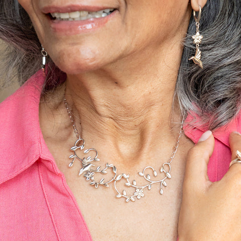 Collar Mujer Plata 925 Mensaje Amor Flor Hojas Colibri Grande