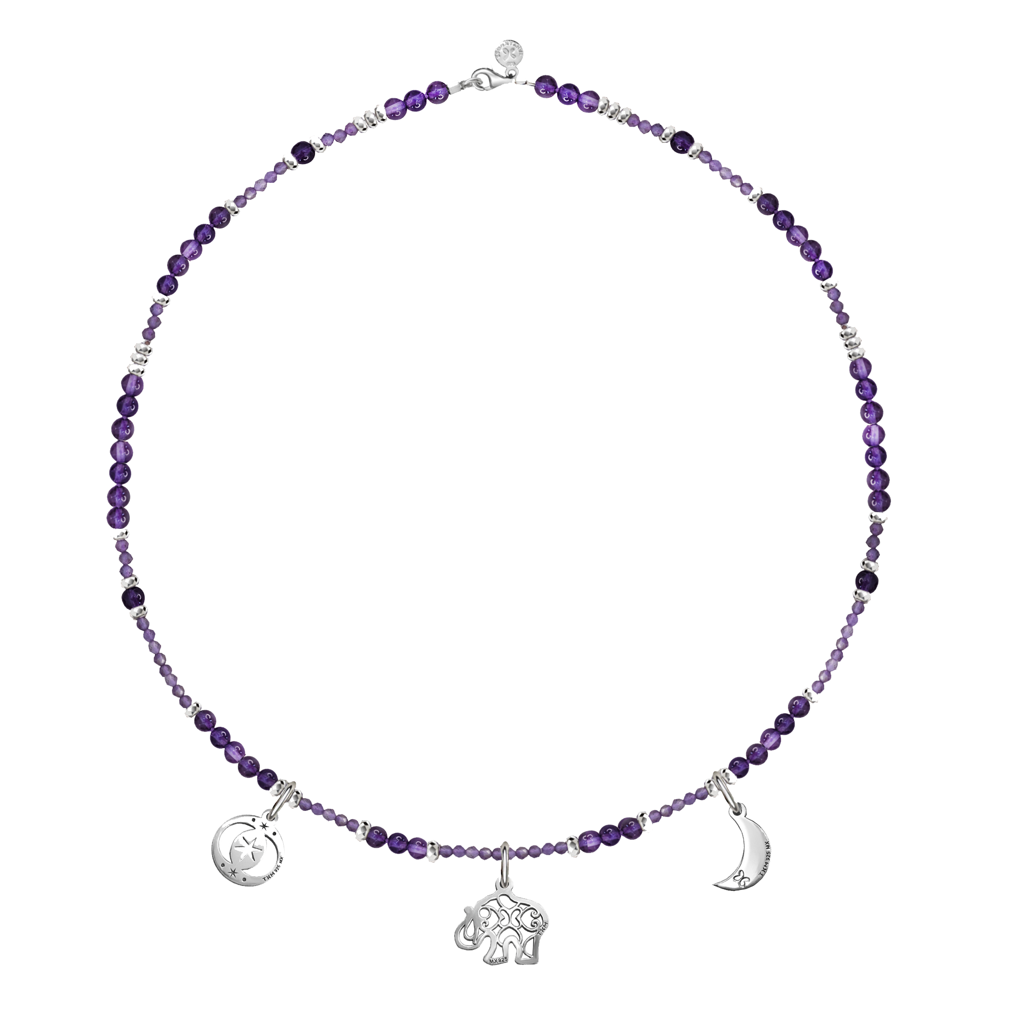 Collar Mujer Plata 925 Zen Charms Luna Elefante Astros Amatista - Tanya Moss