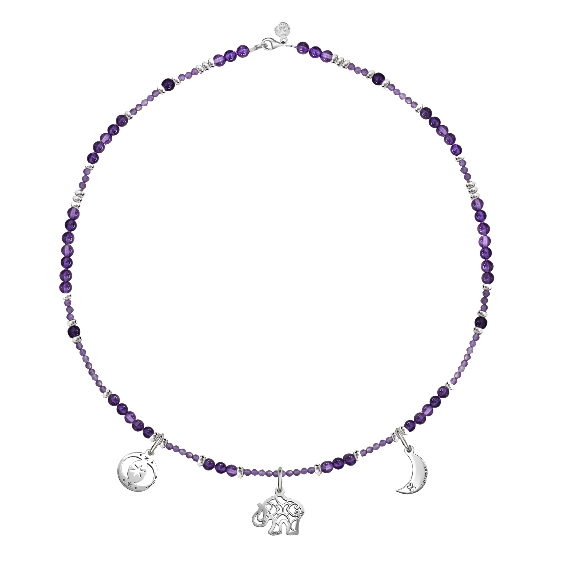 Collar Mujer Plata 925 Zen Charms Luna Elefante Astros Amatista - Tanya Moss