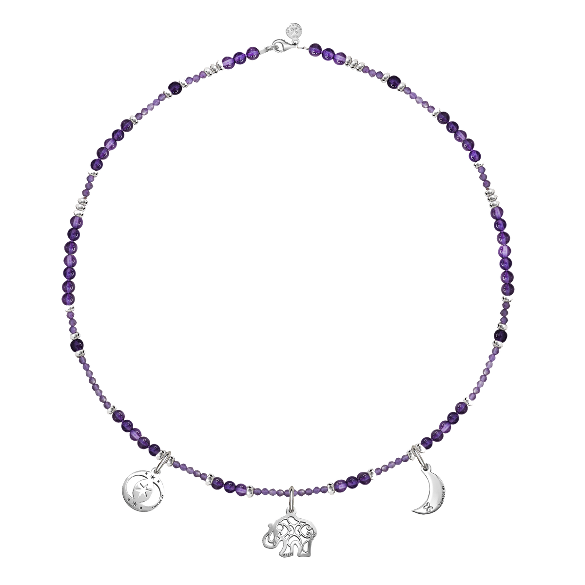 Collar Mujer Plata 925 Zen Charms Luna Elefante Astros Amatista