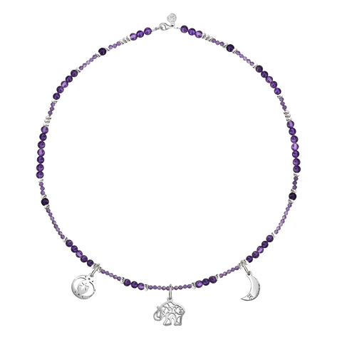 Collar Mujer Plata 925 Zen Charms Luna Elefante Astros Amatista